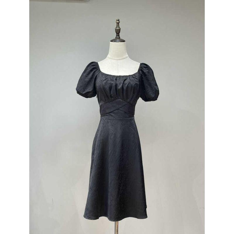 2024 Autumn Dark Pattern Bamboo Leaf Texture Print Similar To Acetate Satin Puff Sleeves Waist Trimming Short Black Dress