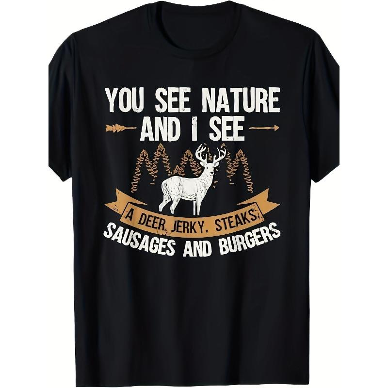 

European sizes Men S Funny Hunting T-Shirt - Casual Loose Fit Tee with Deer & Campfire Design, Machine Washable Outdoor Shirt for Hunting 4XL чорний