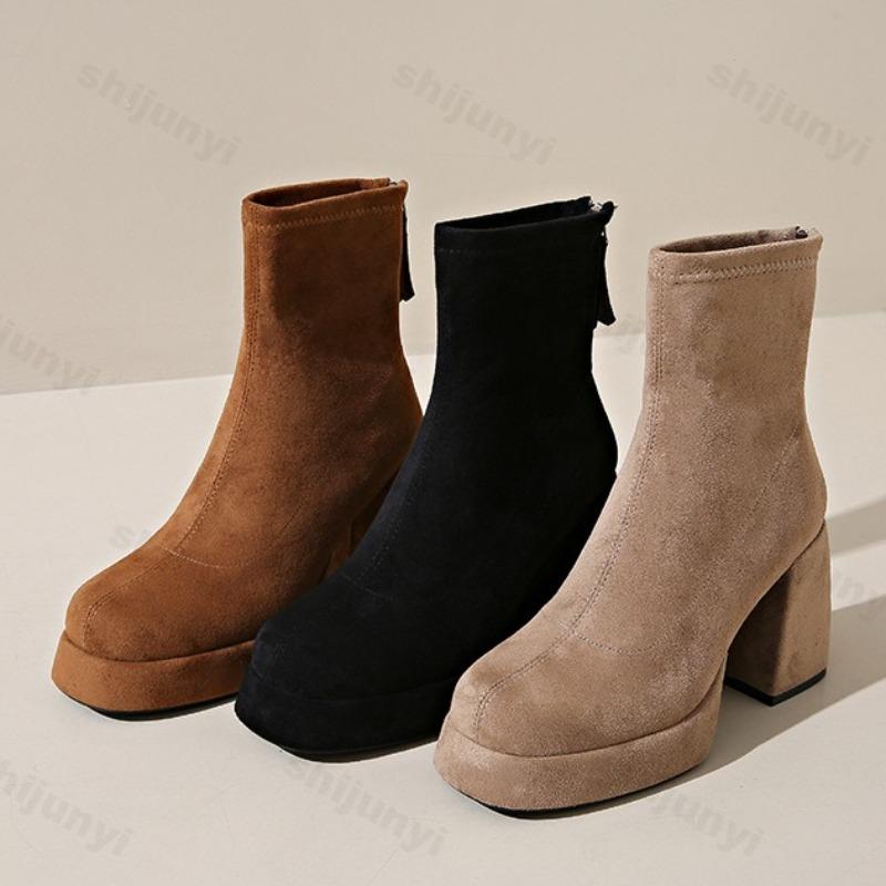 Fashion Women's Fashion Retro Suede Thick Soled High-heeled Boots 2025 Autumn New Back Zipper Design Comfortable Square Head Ankle Boots