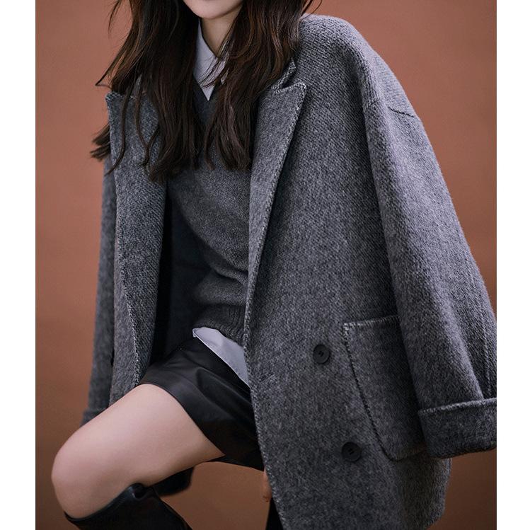 Double-sided cashmere coat, high-end loose suit woolen jacket for women, gray temperament spring women's clothing