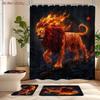 4Pcs Flame Lion Shower Curtain Set with Non-Slip Bath Mat, Toilet Lid Cover, Contour Rug & 12 Hooks, Bathroom Decor