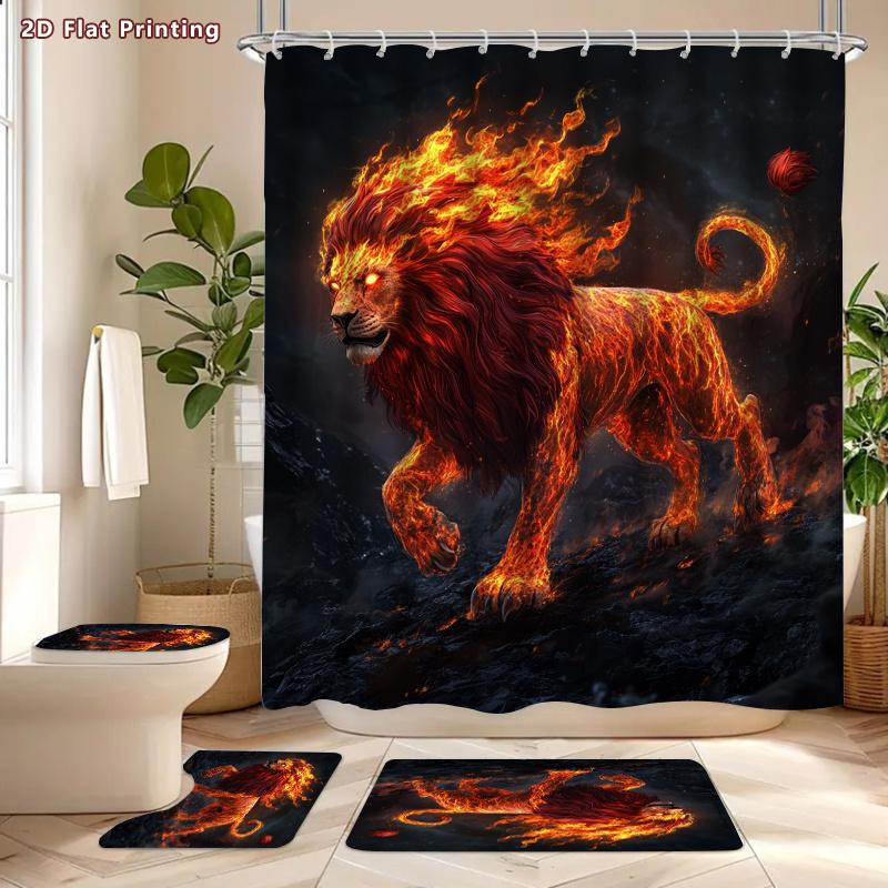 4Pcs Flame Lion Shower Curtain Set with Non-Slip Bath Mat, Toilet Lid Cover, Contour Rug & 12 Hooks, Bathroom Decor