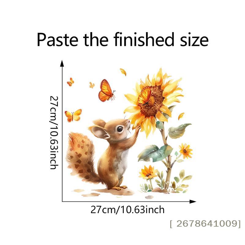 Squirrel & Sunflower Wall Decal,Watercolor Squirrel with Butterfly Window Sticker for Kids Room,Living Room & Kitchen Decor