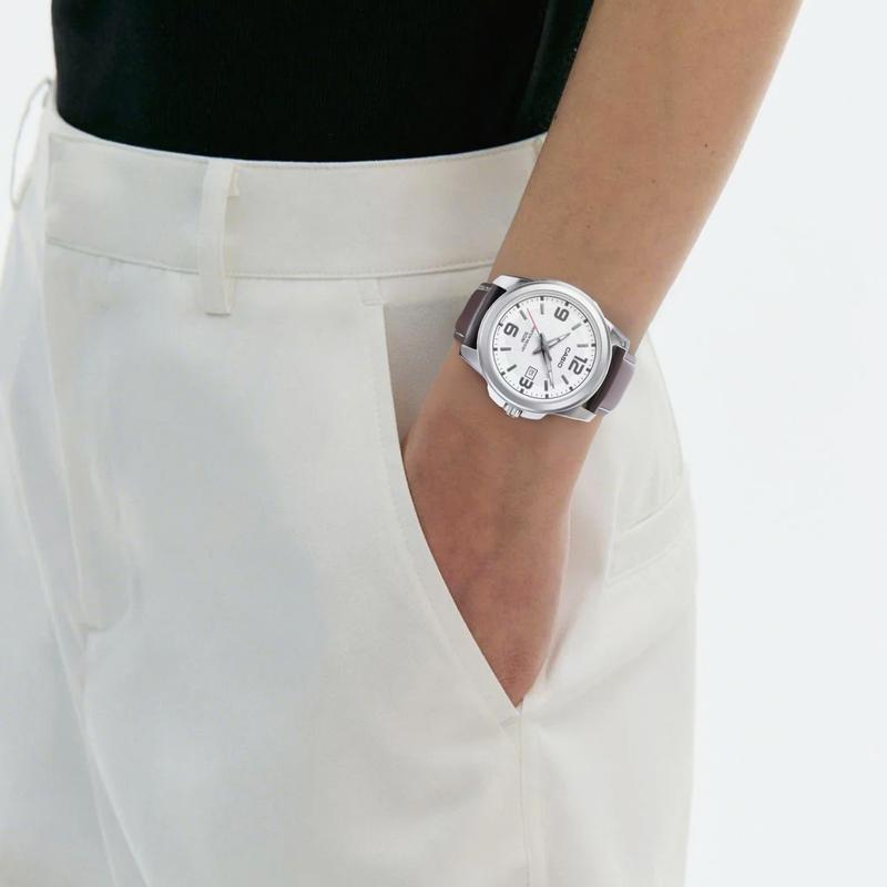 CASIO 50 meters waterproof Quartz leather strap men's watch white dial MTP-1314PL-7AV
