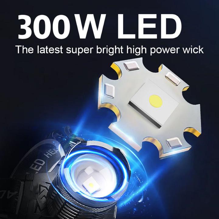300W LED Kraftfull Pannlampa Strålkastare Uppladdningsbar Huvudficklampa Zoombar Vattentät Justerbar Strålkastare Utomhus Huvudlykta 18650