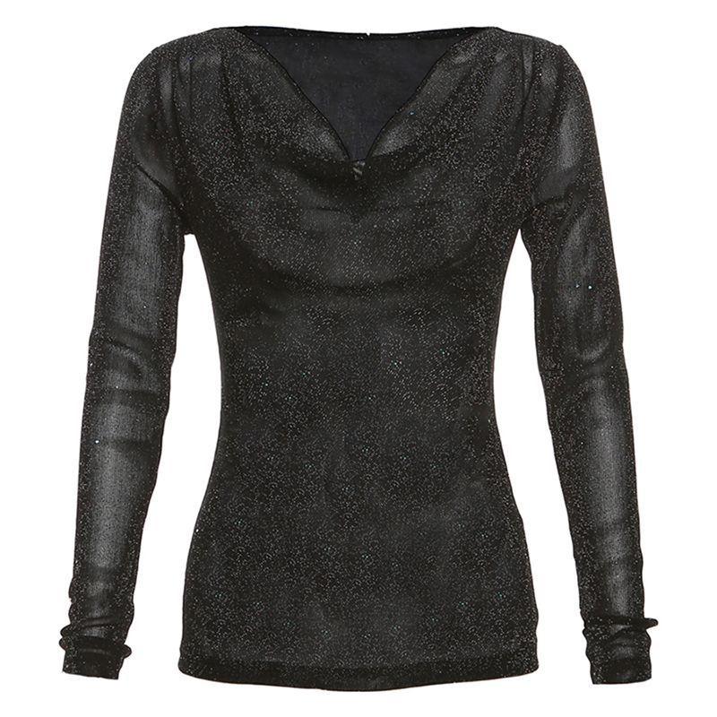 Chic Sequin V Swing Neck Long Sleeve T-shirt Women's Design Sense of Fashion Micro Transparent Slimming Spice Girl Top Trend
