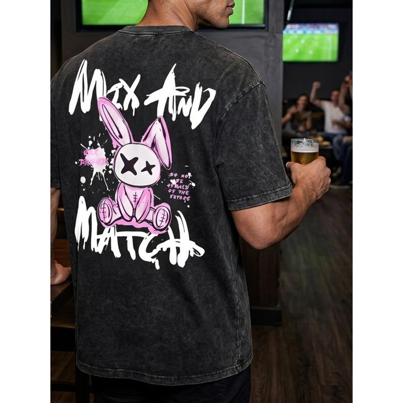 Herren 100% Gewaschenes Schwarzes Printmuster Retro Rundhals T-Shirt, Lässiges All-Match Locker Sommer Kurzarm Tee, Tägliches Tragen