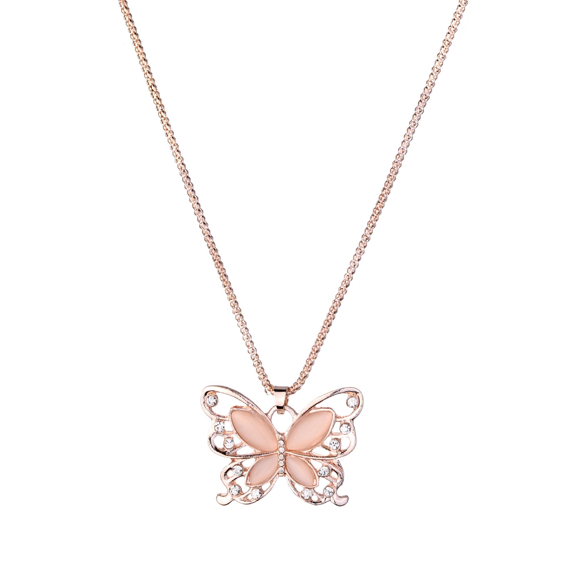 Rhinestone Cat s Eye Butterfly Necklace Sweater Chain - European and American Fashion