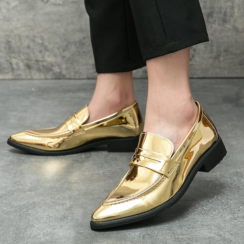 Fashion New Men's Gold Black Pointed Mirror Patent Leather Casual Shoes Loafers Moccasins Wedding Prom Flats Zapatillas Hombre