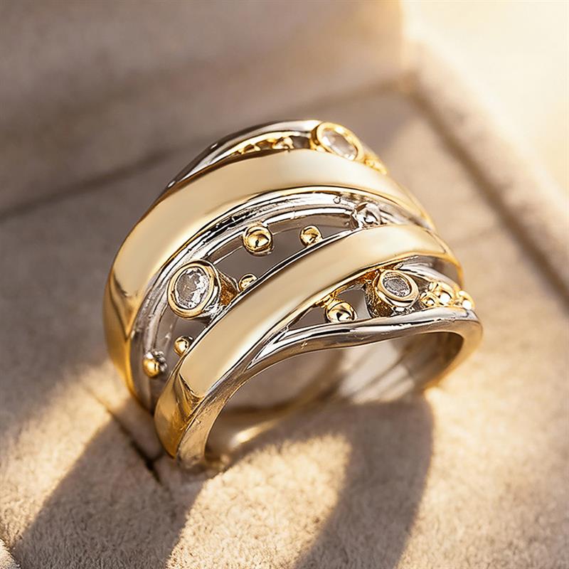 Huitan Geometric Design Women Two Tone Ring Inlaid Shining Cubic Zirconia Hollow Party Daily Special Style Accessories Jewelry