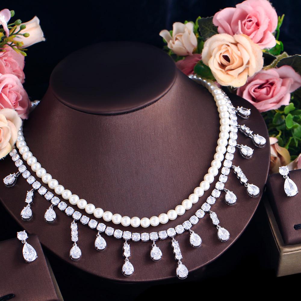 Super Sparkling Water Drop Zircon Pearl Necklace Earrings Set Holiday Photography Bridal Wedding Pearl Set Chain