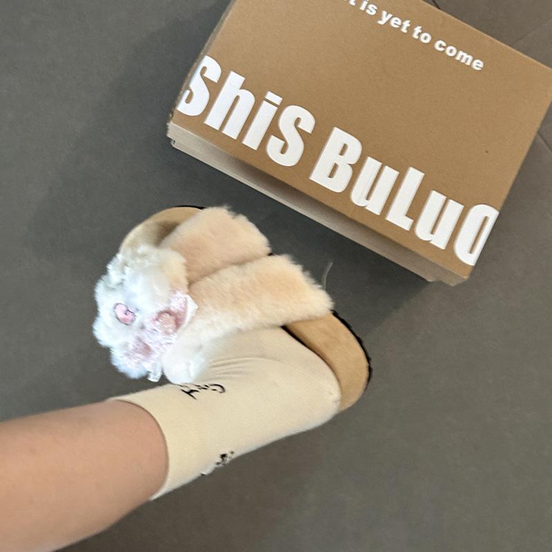 Cartoon Color Matching Doll Girl Fluffy Slippers Wear Versatile Cotton Slippers Autumn and Winter Fashion Casual Bag Head Slippers