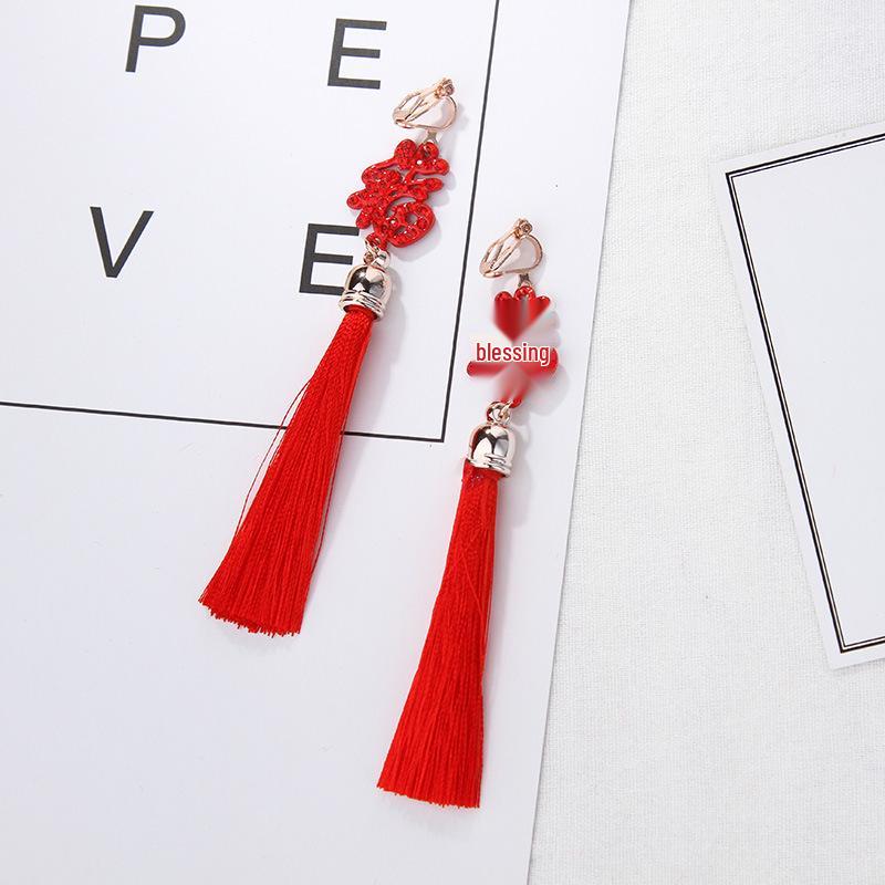 Hanfu-Inspired Red Tassel Clip-On Earrings with Chinese Knot Design