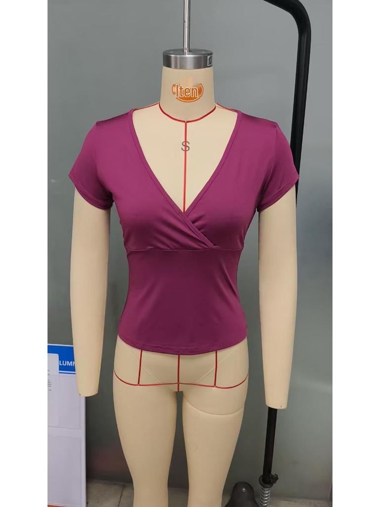 2025 Spring/Summer Women's Solid Color V-neck Slim-fit T-shirt, Short-sleeved European & American Style