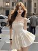 Double-layer white square neck suspender pleated fungus lace dress women's summer pure desire light luxury sexy skirt