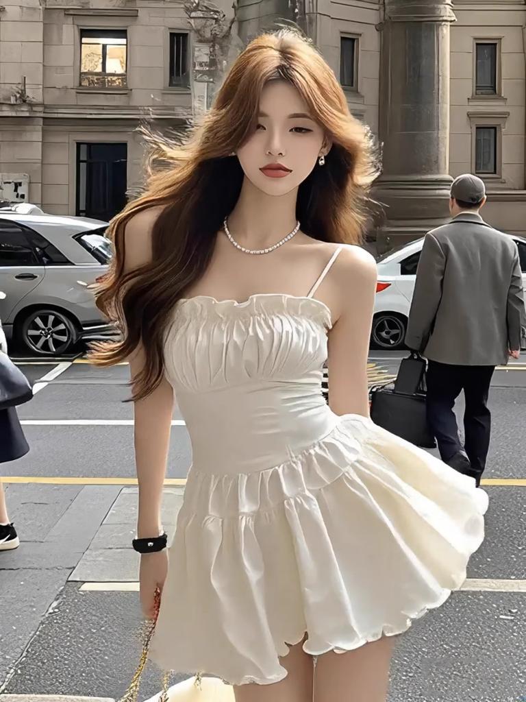 Double-layer white square neck suspender pleated fungus lace dress women's summer pure desire light luxury sexy skirt