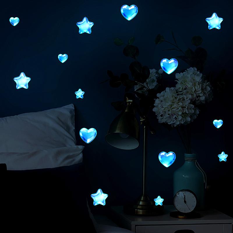 Blue Stars And Hearts Glow-In-The-Dark Toilet Sticker Self-Adhesive Removable Wall Sticker Bathroom Decoration Car Sticker
