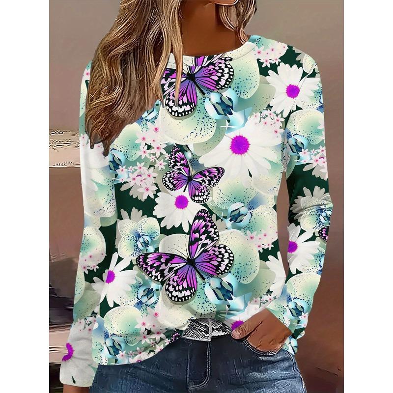 3D Flower Butterfly Pattern Printed Casual Long Sleeved Women's T-shirts - Soft Medium Stretch Polyester Fabric Spring and Autumn Relaxed Fit Clothing