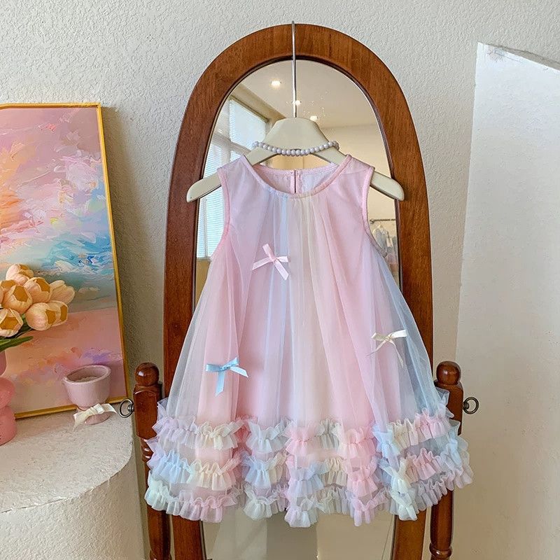 Girls Summer Rainbow Tulle Princess Dress Sleeveless Birthday Party Gown For Kids 90
