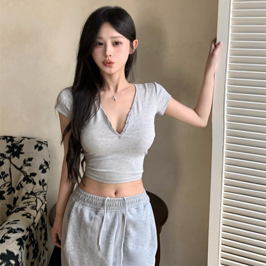 Damen Frühling Sommer Einfarbig Kurzarm T-Shirt V-Ausschnitt Schlank Kurz Crop Top Blusen Pullover S-XXL