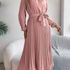 Autumn and Winter Elegant Stand-up Collar Long-sleeved Waist Pleated Long Dress Small Dress, Women's Clothing