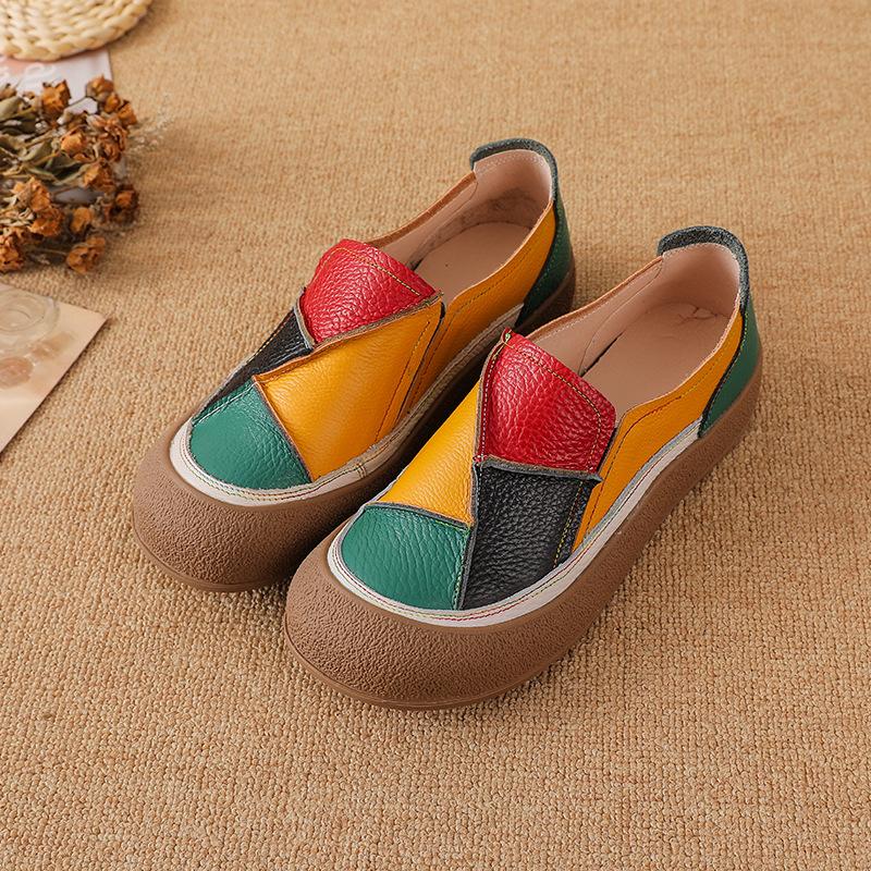 

The first layer of cowhide spring and autumn new muffin platform casual shoes women s versatile fashion leather color matching beggar shoes 35 жёлтый
