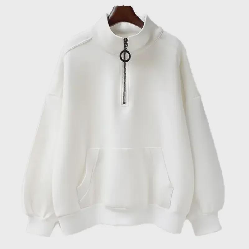 Pánská trendy jednobarevná mikina s polovičním rolákem na zip se sametem, dlouhý rukáv, 2024.