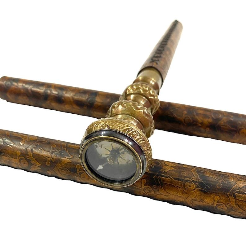 Прямоугольная латунная лупа | Антикварная деревянная ручка из латуни трость с компасом наверху, викторианские кожаные трости, для мужчин и женщин