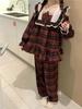 Korean Style Autumn/Winter Couples Red Plaid Lace Homewear Set: Comfortable and Sweet.