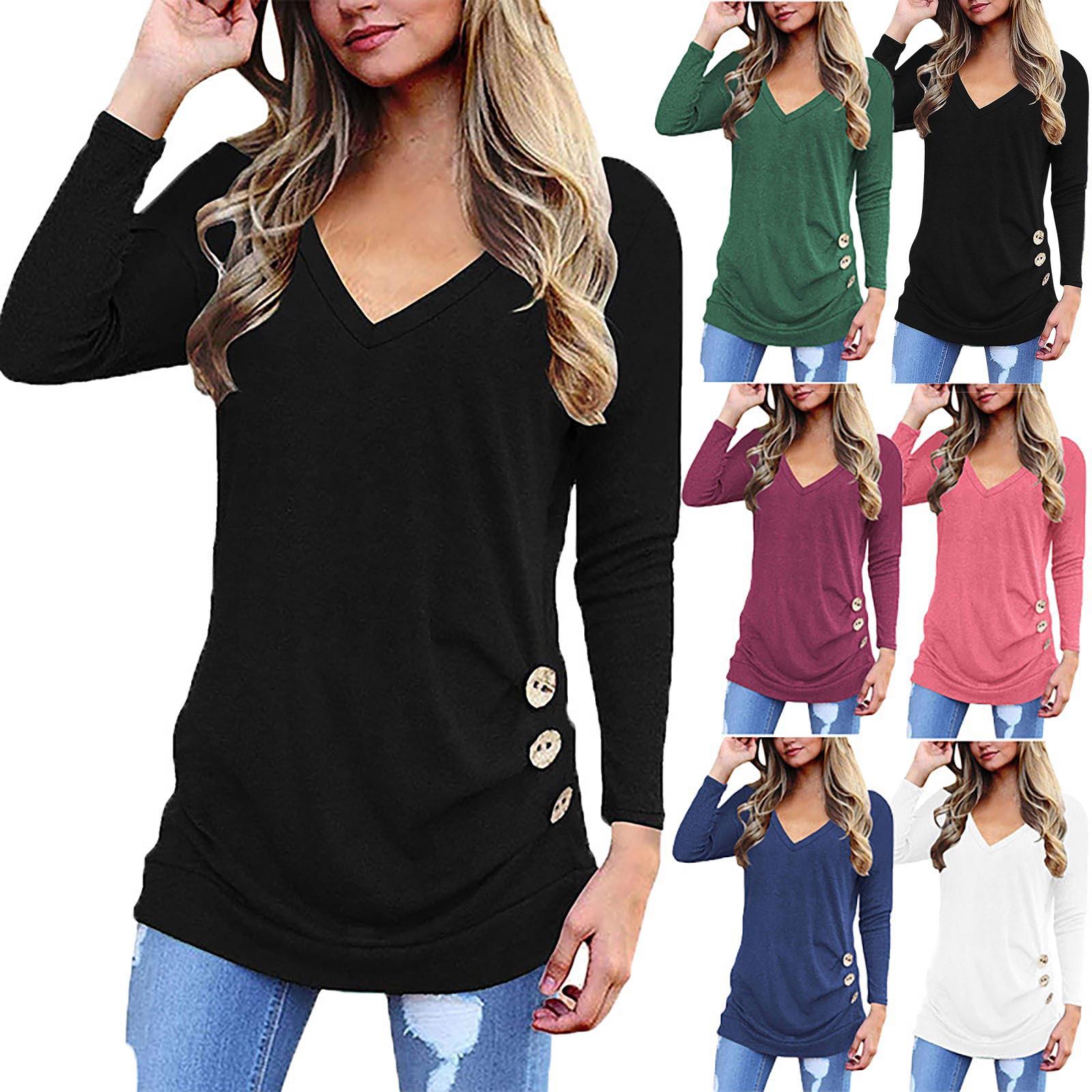 

Women s Autumn Winter Fashion Solid Color V-neck Button Irregular Long Sleeve Top