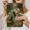 Vintage Frau mit Hund am Fluss Metallposter, Retro Wandkunst für Zuhause