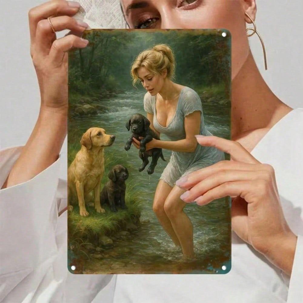 Vintage Frau mit Hund am Fluss Metallposter, Retro Wandkunst für Zuhause