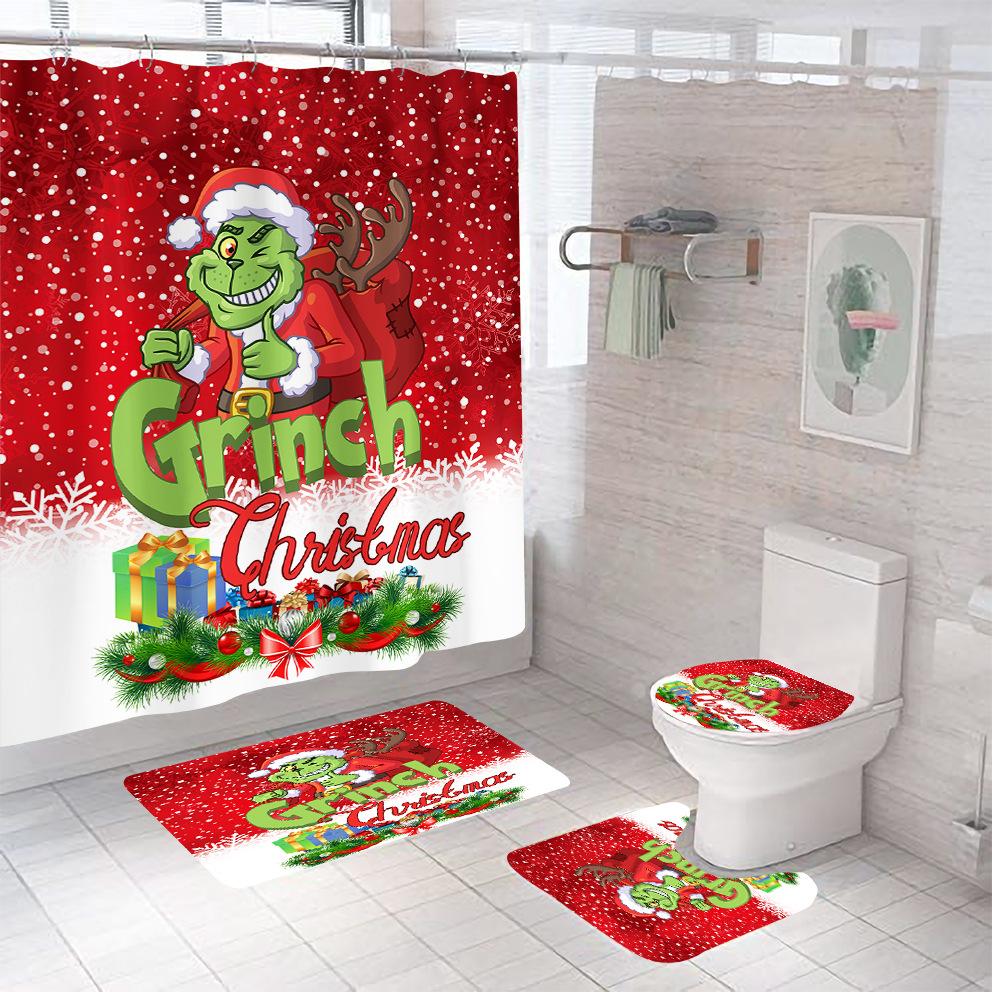 Bathroom Shower Curtain Four-Piece Green Hair Monster Christmas Green Waterproof Shower Curtain Toilet Partition Curtain Bath Mat