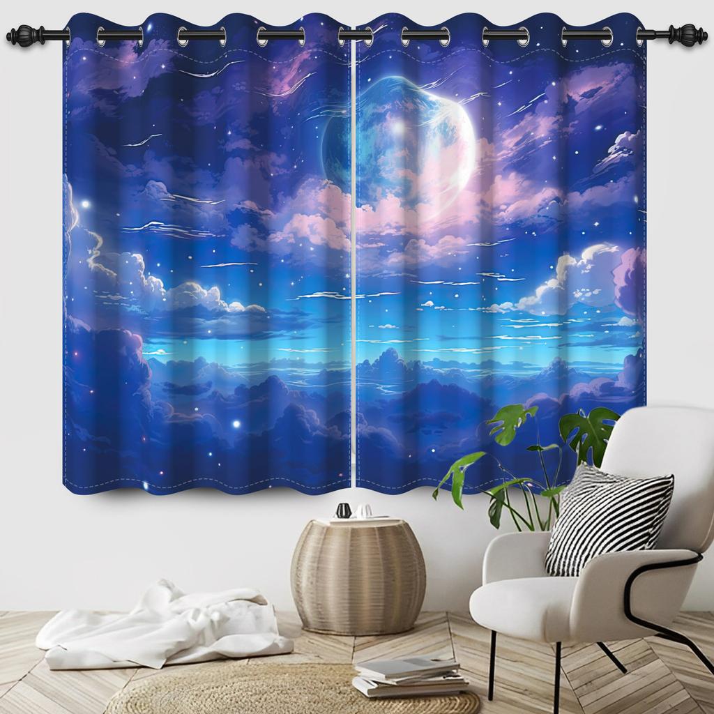 Night Starry Sky Moon Stars Milky Way Blackout Curtains Children'S Bedroom Heat Insulation Noise Reduction Window Drapes 2Pcs
