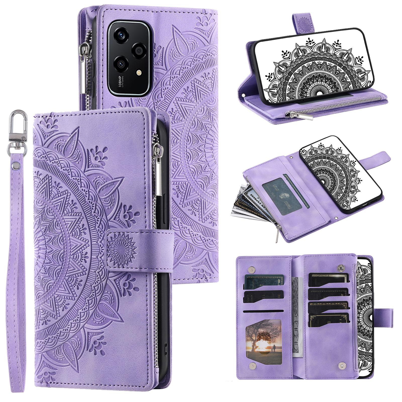 

006 For Honor 200 Lite Case Zipper Wallet PU Leather Mandala Flower Phone Cover Purple