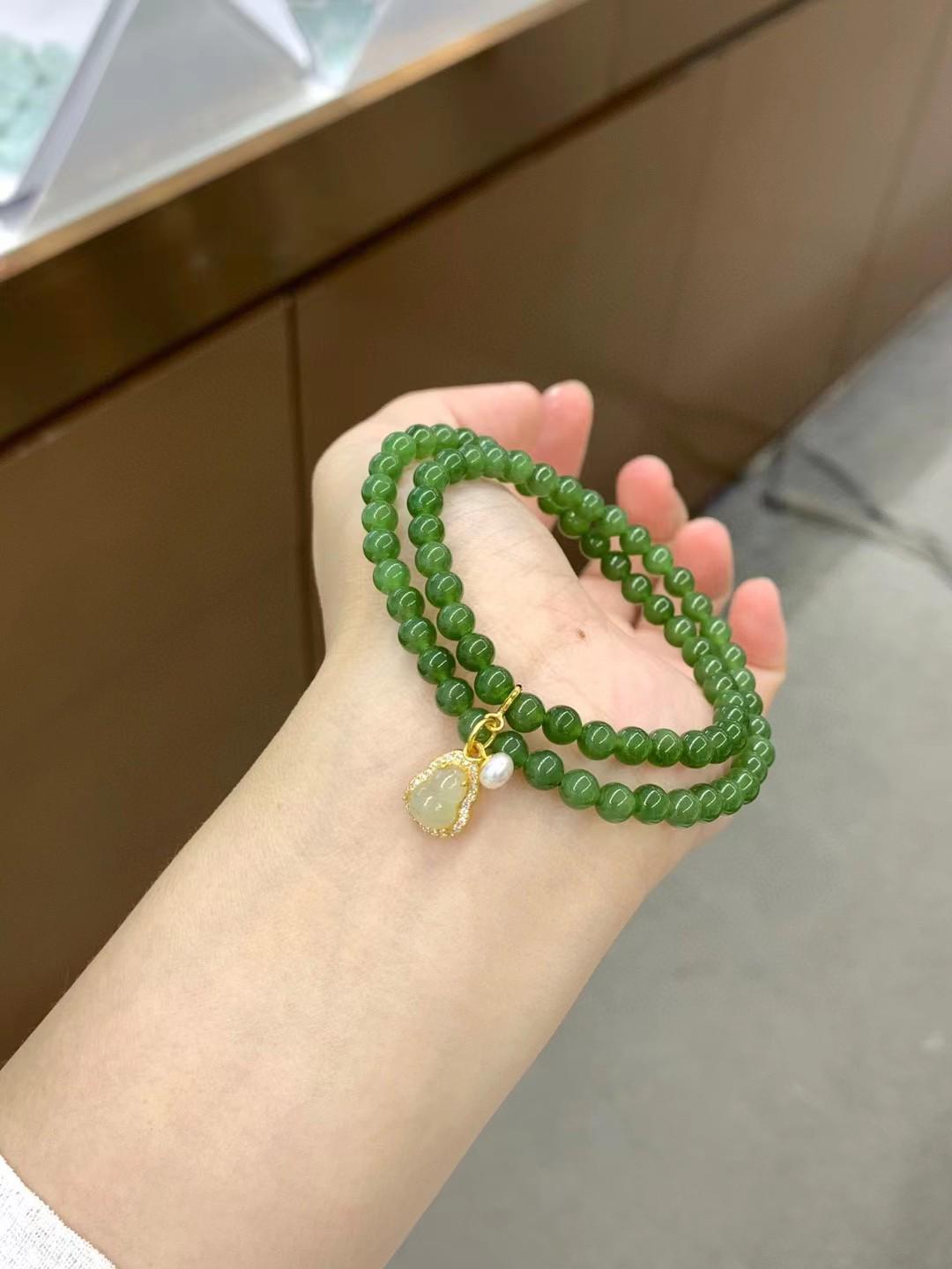 Spinach Green Hetian Jade Bracelet with Pearl Pendant - Perfect Valentine s Gift for Her Bead 5mm (Jade Laughing Buddha Pendant)