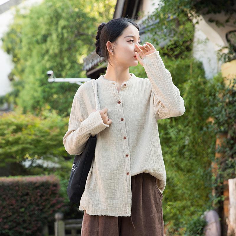 

«Стильная женская блузка-рубашка из хлопка и льна с бамбуковым ворсом, двухслойная, весна/лето 2025 года» One Size