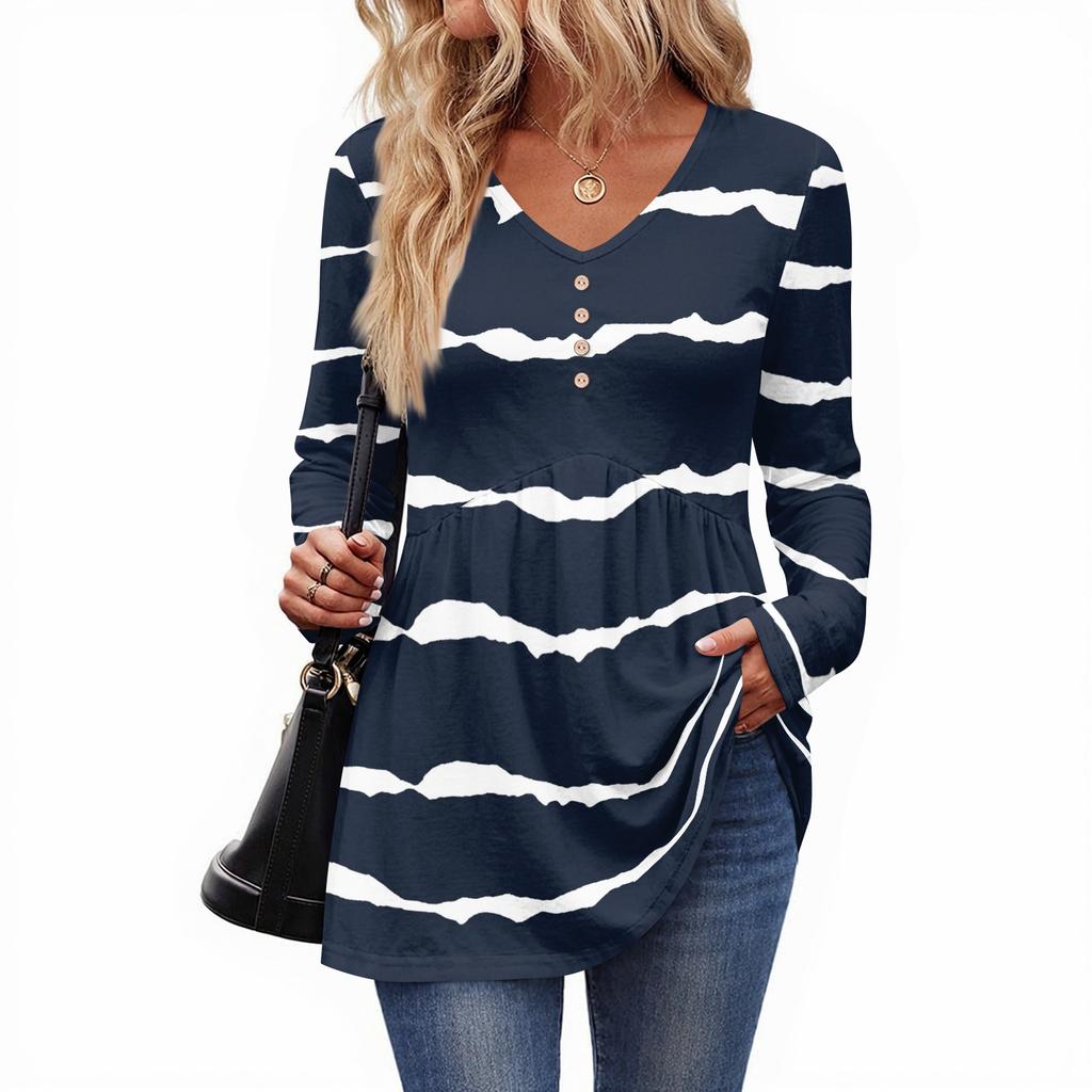 Women's Casual Fashion V-Neck Button Striped Long Sleeve Top