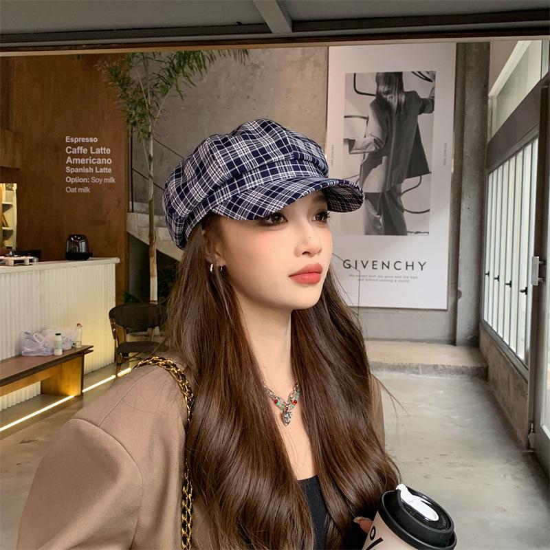 Korean New Hat Women's Autumn and Winter Plaid Octagonal Hat Fashionable Temperament Newsboy Hat Versatile Casual Peaked Hat