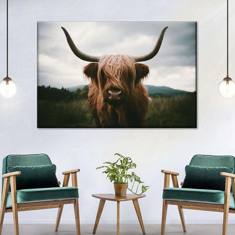 Amazing Portrait of Scottish Highland Cow Wall Pictures Canvas Painting Animal Posters Prints Living Room Home Decor