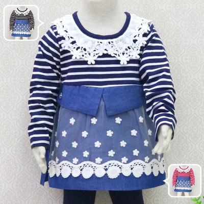 Kid Girls Striped Lace Lace Long Sleeve Wedding Birthday Party Princess Dress Children Pleated Skirt Casual Pattern Cowboy Style Dresses