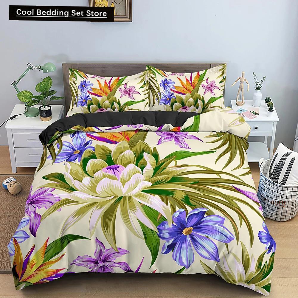 Comforter Flowers King Queen 3D Colorful Floral Printed Polyester Bedding Set For Teens Adults Women Leaves Soft