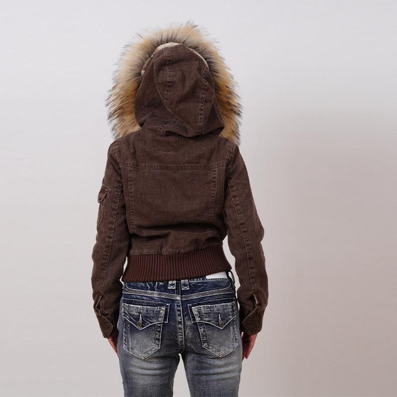 Vintage Brown Short Hooded Jacket Women's Full Sleeve Slim Detachable Fur Collar NEW Winter  Autumn Female Outerwear
