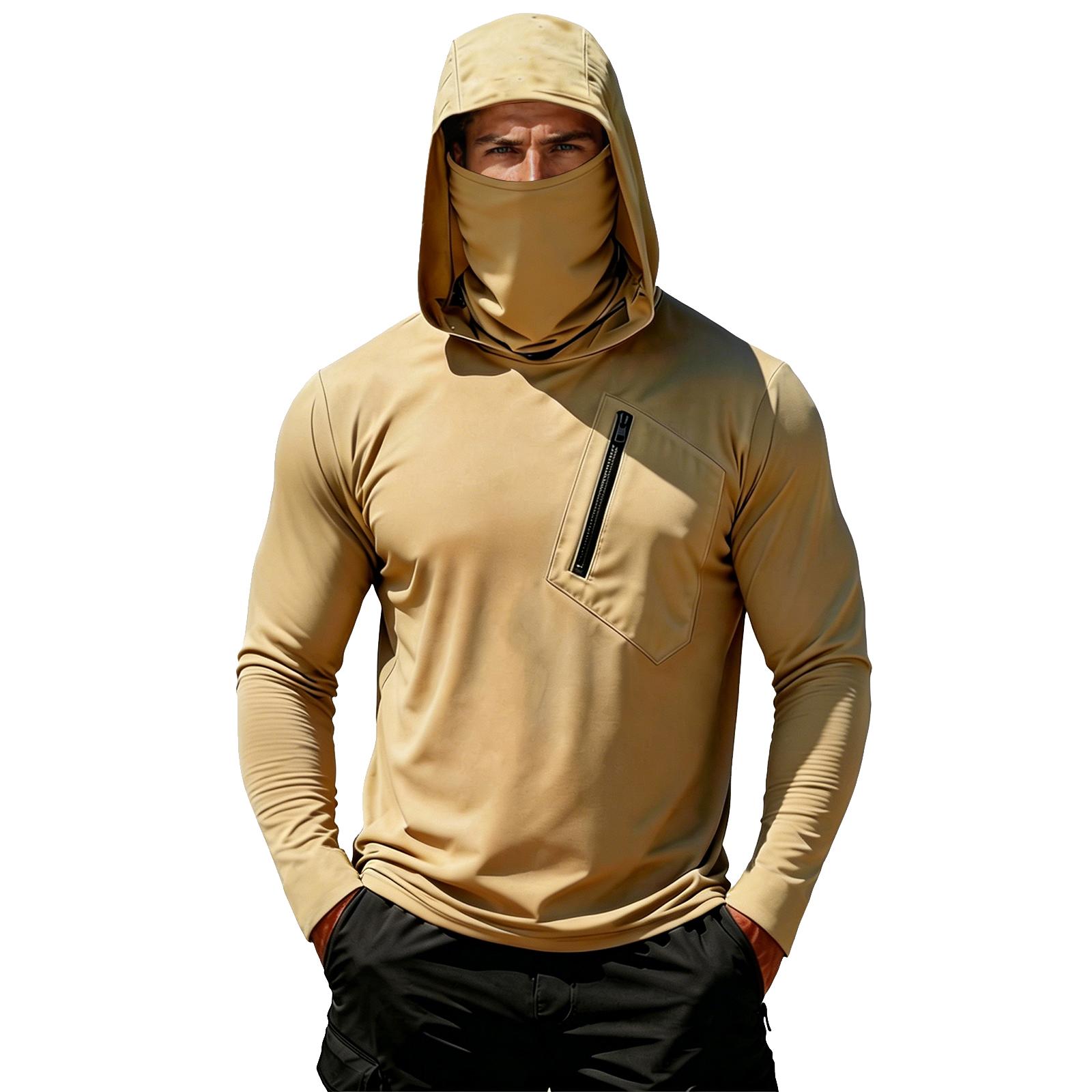 Xun Heren shirt met lange mouwen en capuchon met ingebouwde gezichtsbedekking Ritszak Lichtgewicht Pullover Top voor Buitenactiviteiten XL kaki