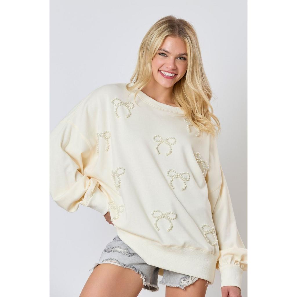 Autumn and Winter New Women's Clothing Pearl Bow Decorative Long-sleeved Top Casual Sweater