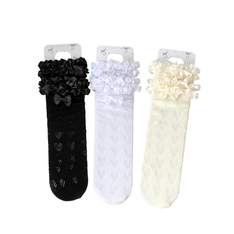 Spitzensocken für Damen Frühling und Sommer, Frotteesocken, Schleife Lolita Ballett-Stil Spitzen-Wadenlange Socken