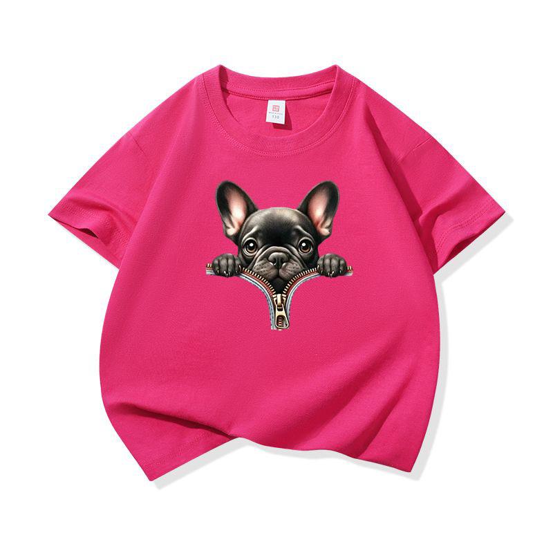 Kids Cotton T Shirt Adorable French Bulldog Zipper Print Crew Neck Short Sleeve Tee Casual Boys Girls Summer Tops