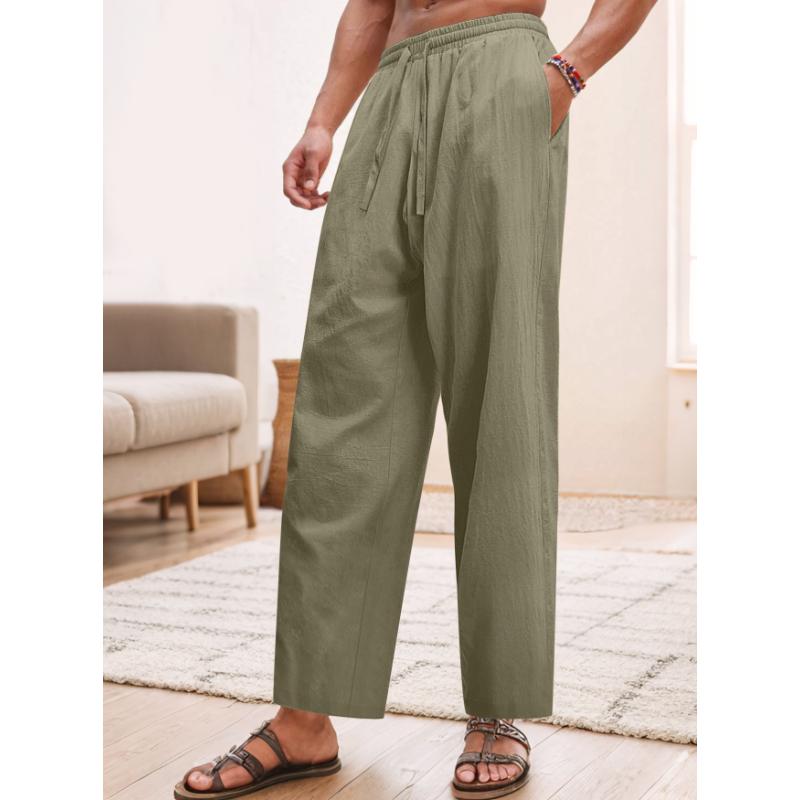 Męskie lniane spodnie Lekkie ze sznurkiem Elastyczna talia Luźny krój Proste nogawki Spodnie z kieszeniami Oddychające Plażowe do jogi do pracy Lniane spodnie dla mężczyzn