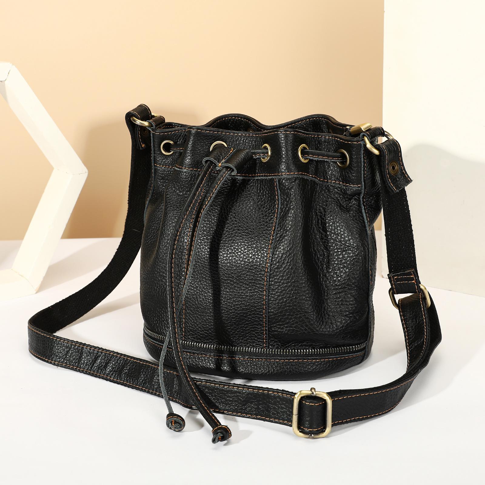 Marut Genuine Leather Drawstring Retro Patchwork Single Shoulder Bag, Women s Stylish Single Shoulder Crossbody Bag, Versatile Women s Bucket Bag