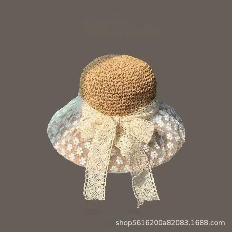 Sweet bow embroidered straw hat women's seaside vacation fisherman's hat children's summer hollow breathable straw visor